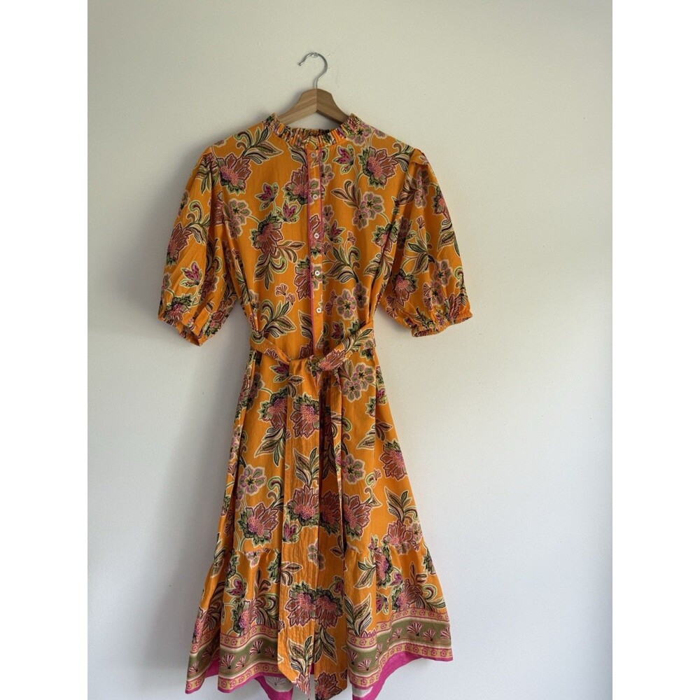 🏷️ ✿ Bella Tu Boho Floral Dress L – 100% Cotton, Tassel Belt, India
